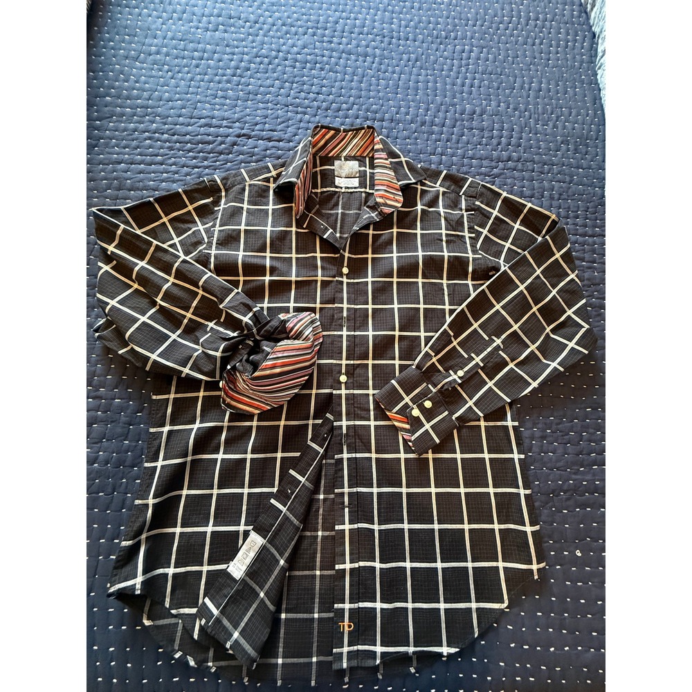 Thomas Dean Men's M Button Down Shirt Windowpane Grid Contrast Stripe Cuff NWOT